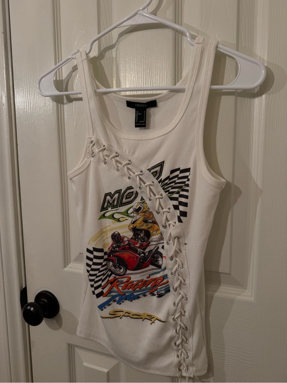 Forever 21 White Lace-Up Racing Graphic Tank